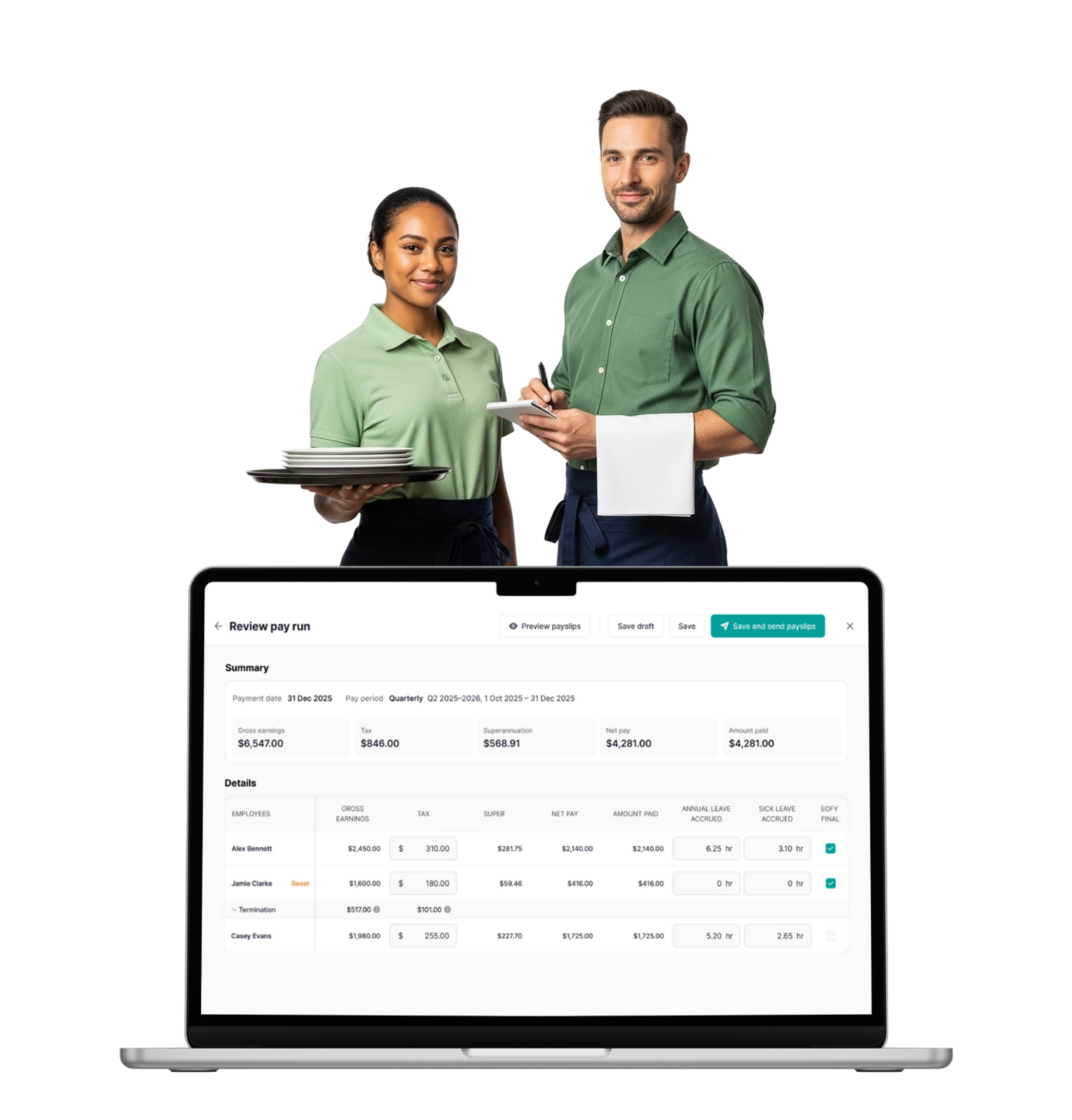 Two restaurant servers holding plates and taking an order; laptop displaying 'Review pay run' payroll summary