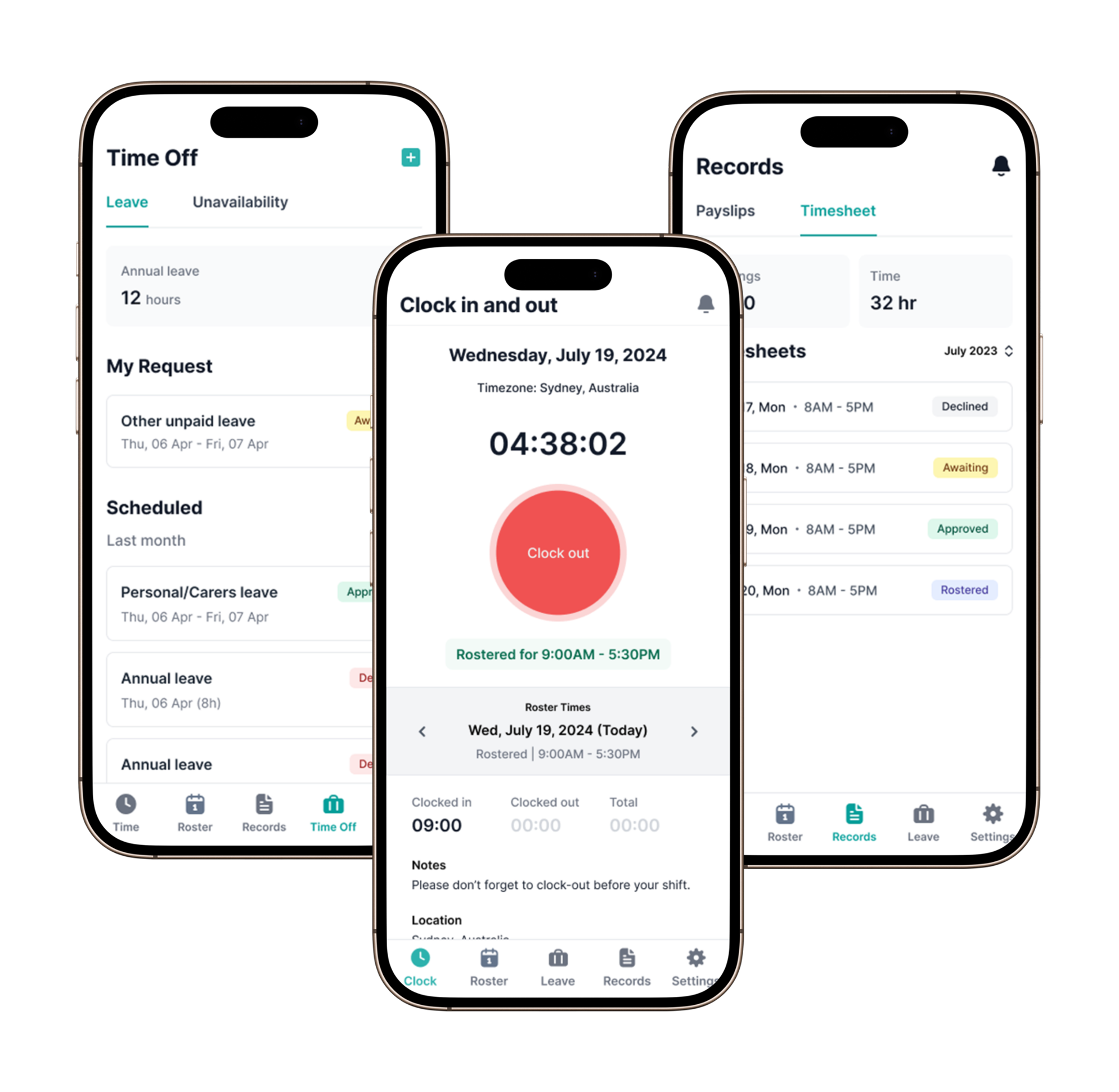 Timesheet app showing clock-in timer and roster on smartphones - 'Clock in and out' 'Wednesday, July 19, 2024' 'Clock out'