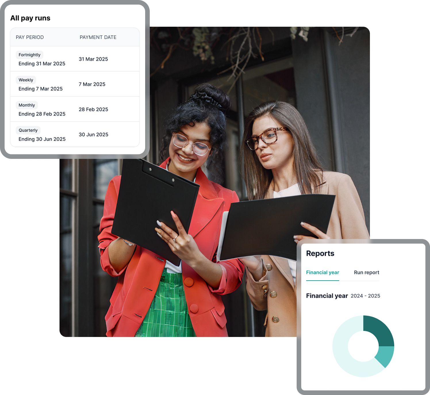 Two businesswomen reviewing clipboards; All pay runs panel: PAY PERIOD PAYMENT DATE Fortnightly Ending 31 Mar 2025 31 Mar 2025; Weekly Ending 7 Mar 2025 7 Mar 2025; Monthly Ending 28 Feb 2025 28 Feb 2025; Quarterly Ending 30 Jun 2025 30 Jun 2025; Reports Financial year Run report Financial year 2024 - 2025