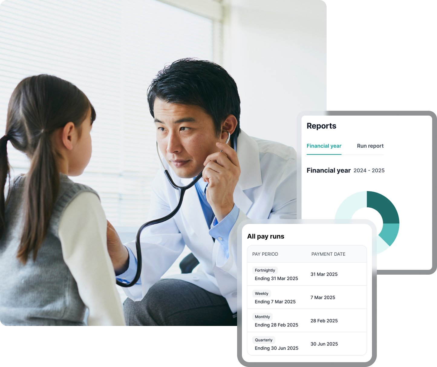 Doctor listening to child's chest with stethoscope in clinic; reports and payroll overlay visible. Text: Reports Financial year Run report Financial year 2024 - 2025 All pay runs PAY PERIOD PAYMENT DATE Fortnightly Ending 31 Mar 2025 31 Mar 2025 Weekly Ending 7 Mar 2025 7 Mar 2025 Monthly Ending 28 Feb 2025 28 Feb 2025 Quarterly Ending 30 Jun 2025 30 Jun 2025