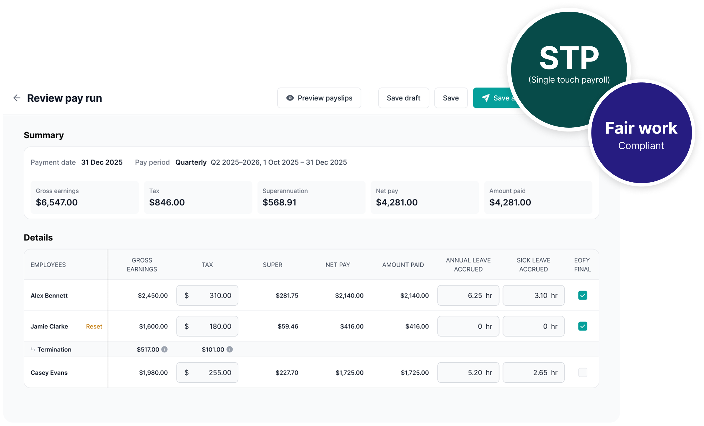Payroll review screen with pay run summary and employee earnings; Review pay run; STP (Single touch payroll); Fair work Compliant