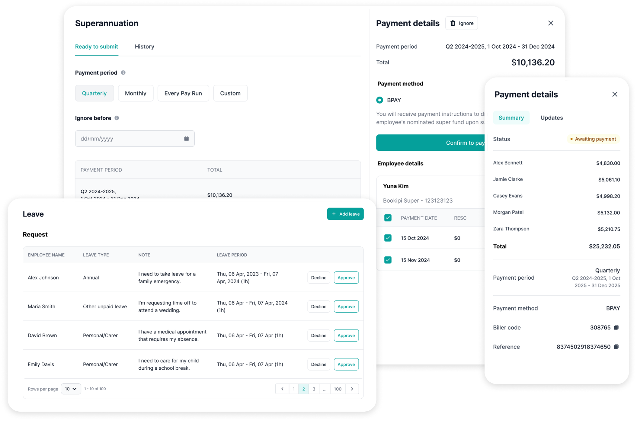Payroll dashboard displaying Superannuation, Leave, Payment details panels with leave requests and BPAY payment summary
