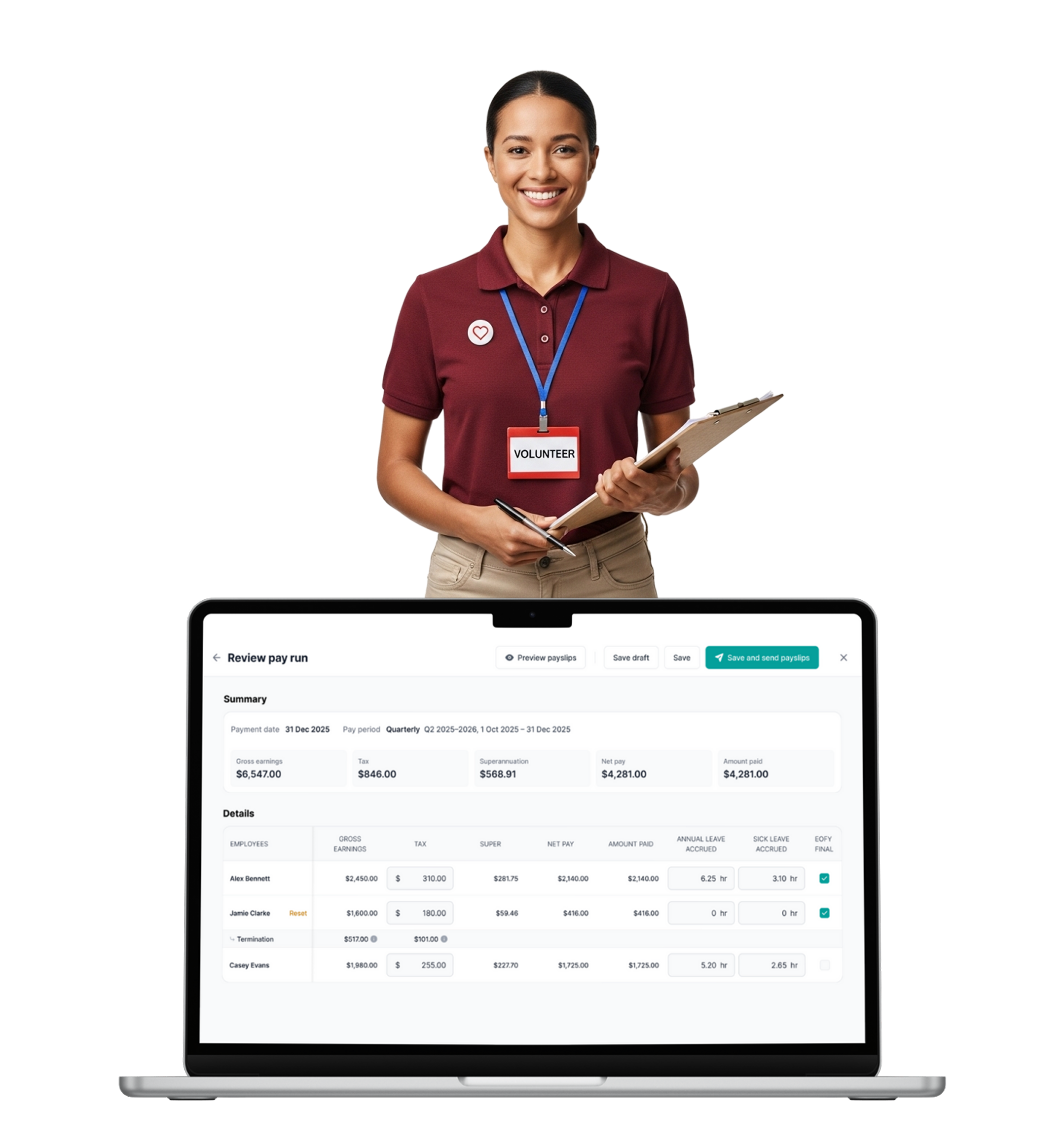 Volunteer in maroon polo holding clipboard; laptop displays Review pay run payroll summary; badge reads VOLUNTEER