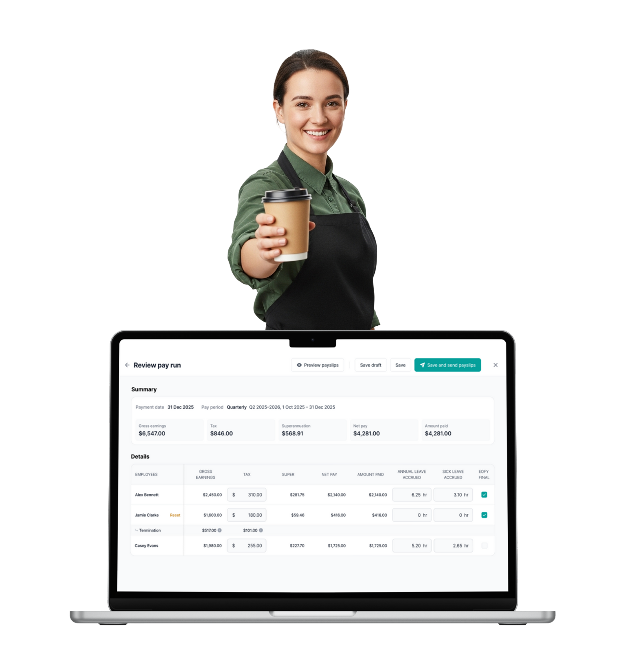 Barista offering takeaway coffee cup over laptop displaying payroll dashboard, header "Review pay run"
