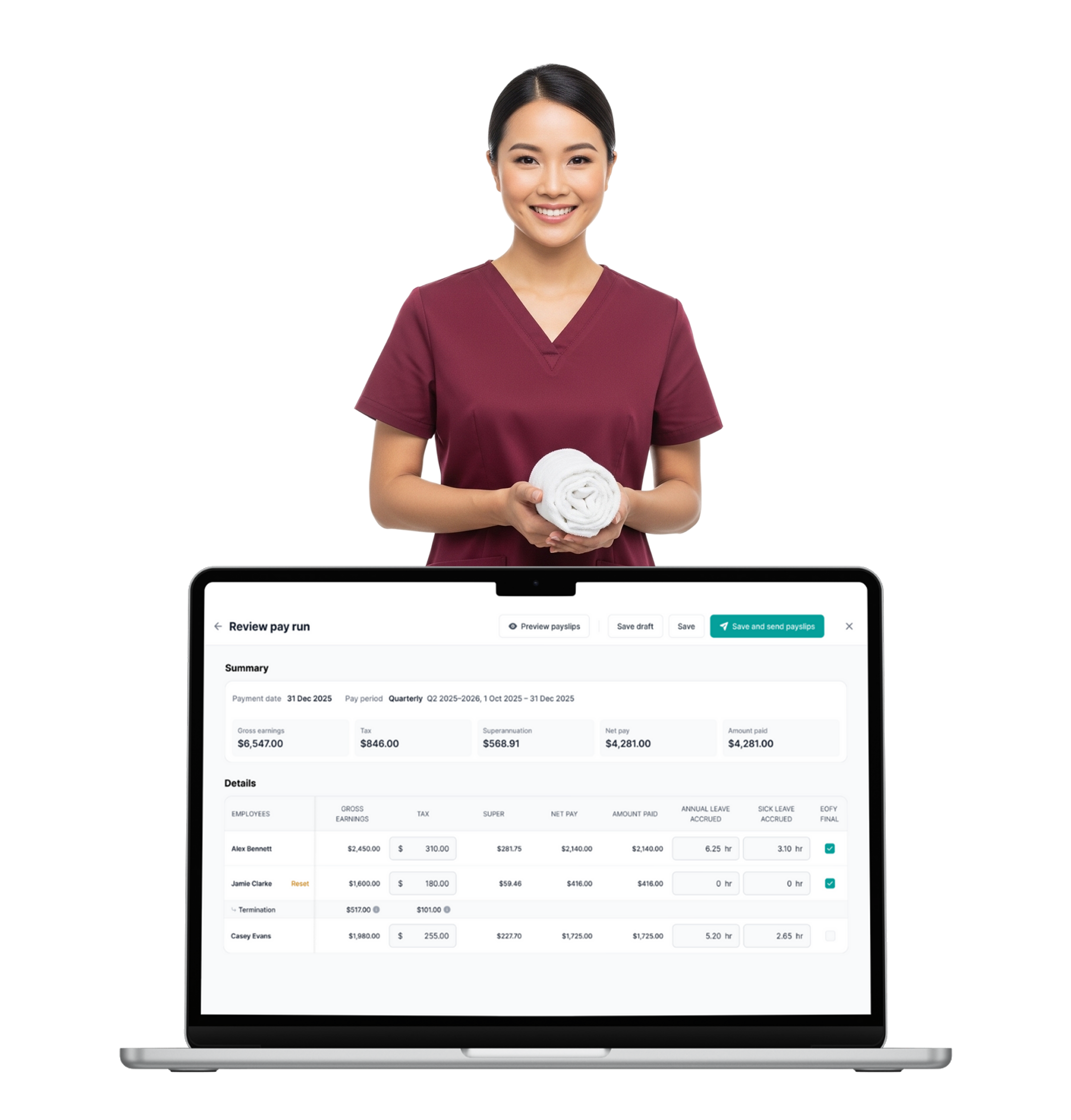 Nurse holding rolled towel above laptop displaying payroll app "Review pay run"