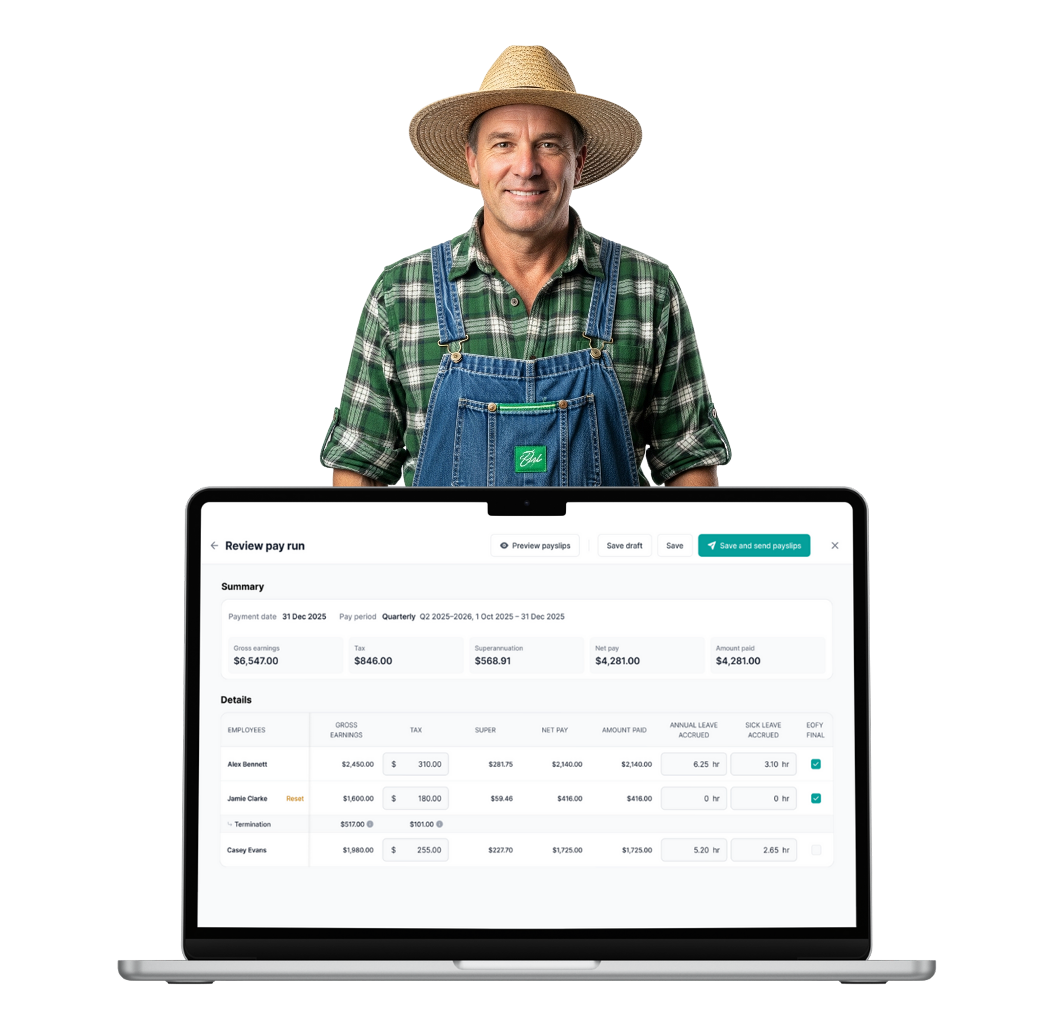 Man in straw hat and denim overalls standing behind laptop displaying payroll dashboard "Review pay run"