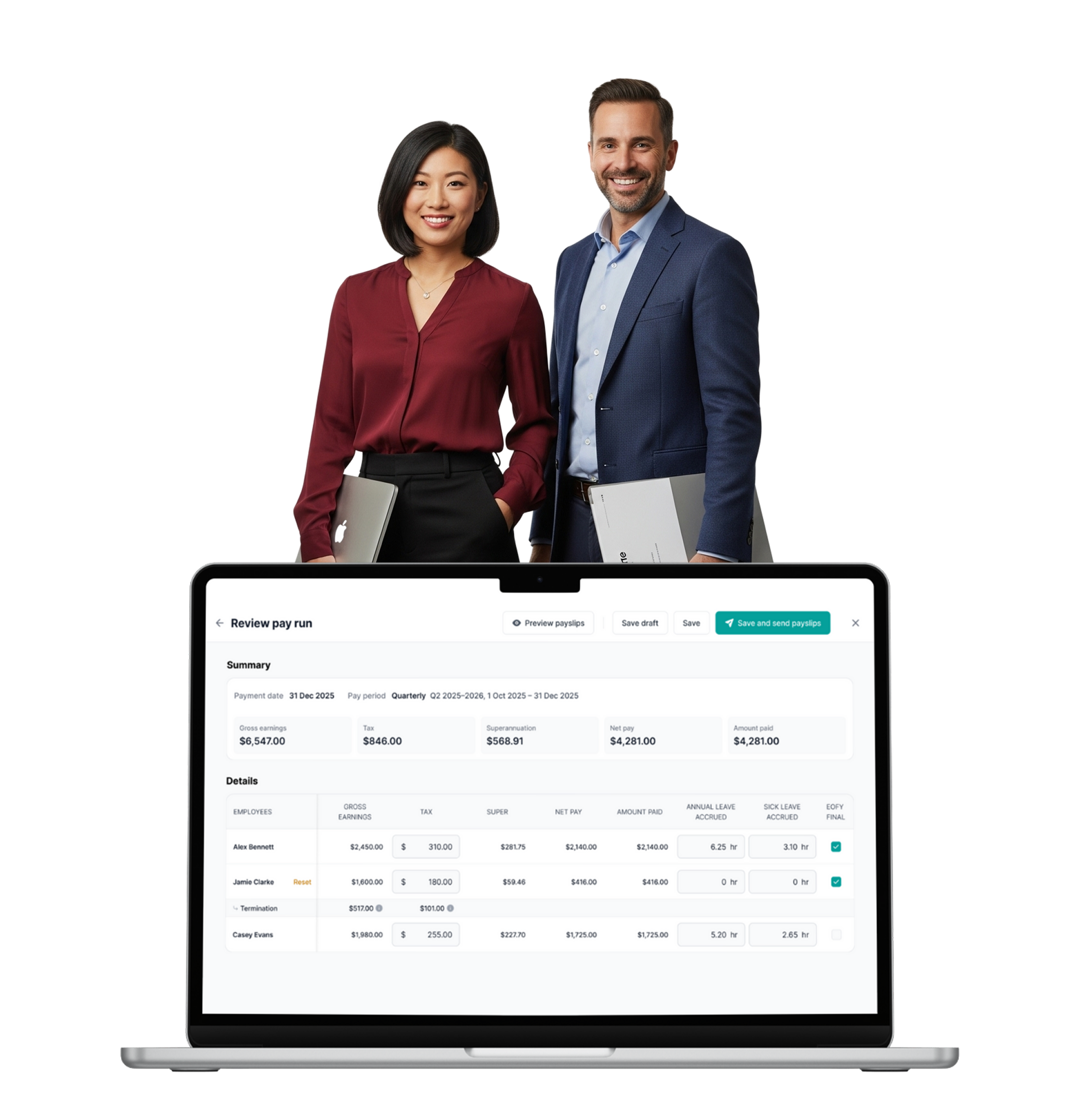 Two professionals standing behind laptop displaying payroll dashboard; visible text: "Review pay run"