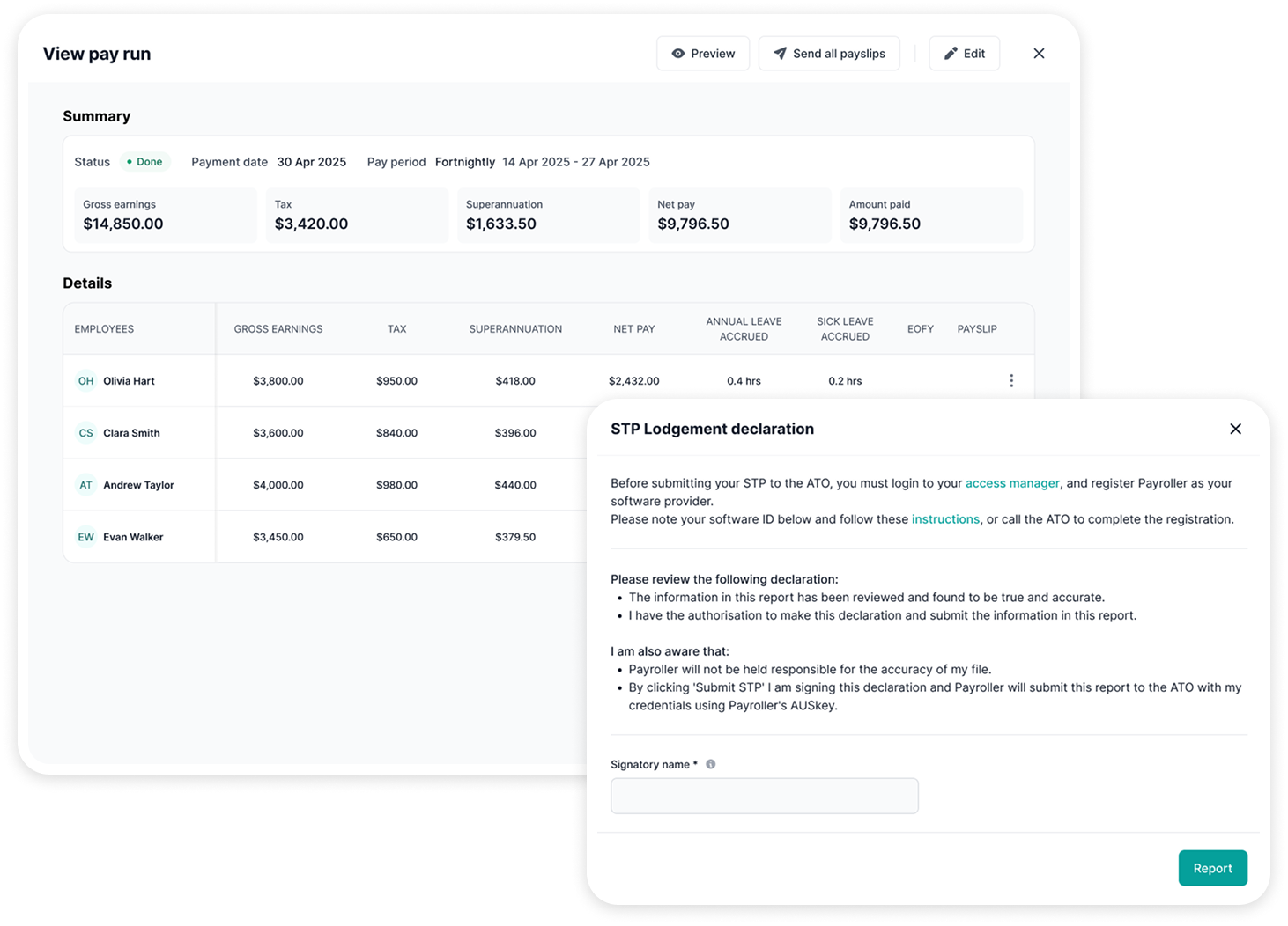 Payroll dashboard showing pay run summary and STP Lodgement declaration modal; text: View pay run; STP Lodgement declaration
