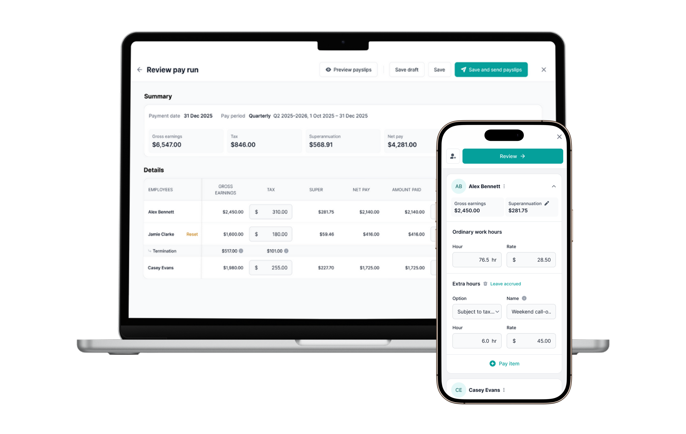 Payroll dashboard displaying pay run summary on laptop and employee pay details on smartphone. Text: Review pay run; Alex Bennett; Gross earnings $2,450.00; Superannuation $281.75