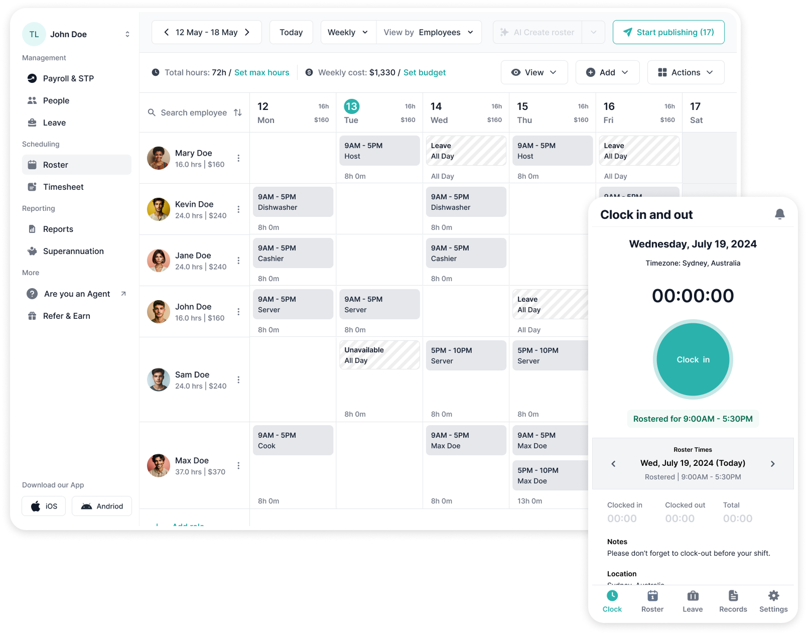 Employee roster app showing weekly shifts and mobile "Clock in and out" widget, Wednesday, July 19, 2024, Timezone: Sydney, Australia