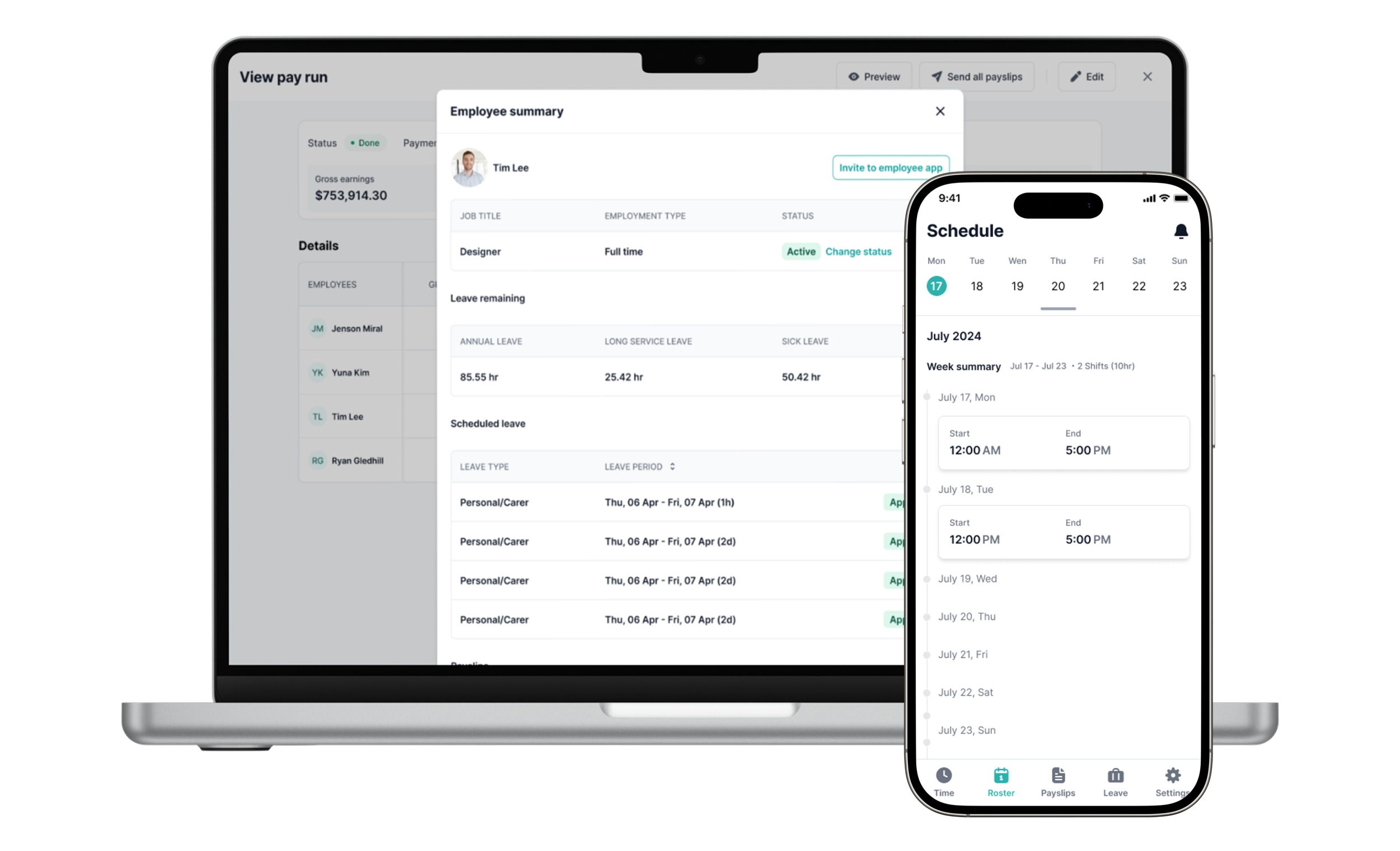 Payroll dashboard on laptop showing 'Employee summary' and mobile app showing 'Schedule' July 2024
