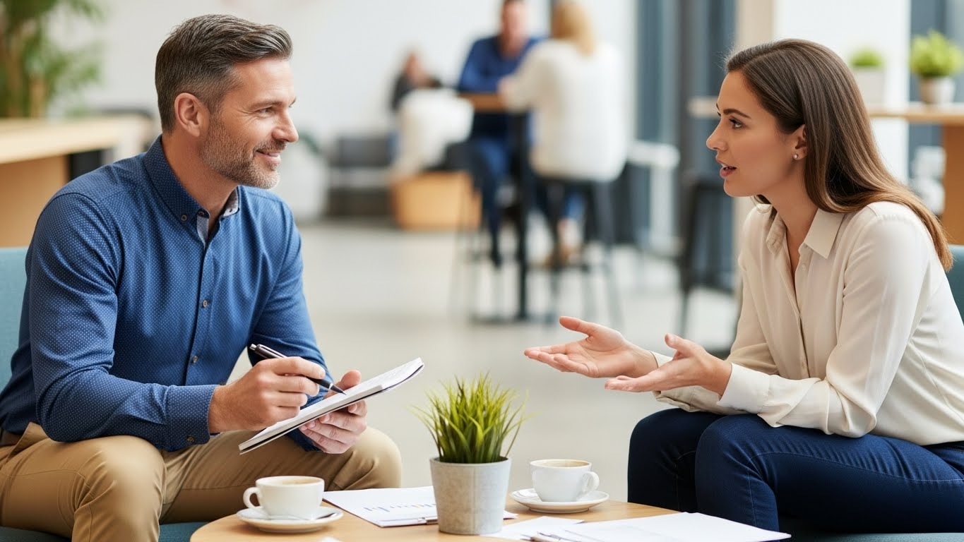 Man taking notes while woman speaks during business meeting in office lounge with coffee and documents