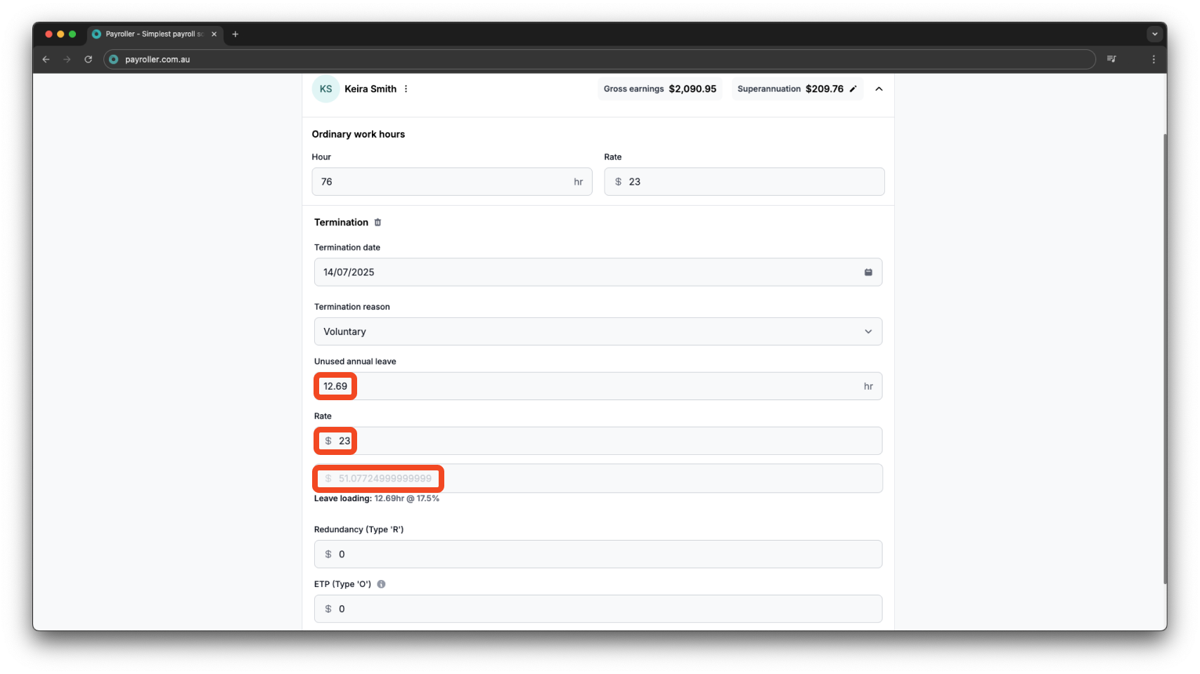 Payroller functions - Termination Payment - 7