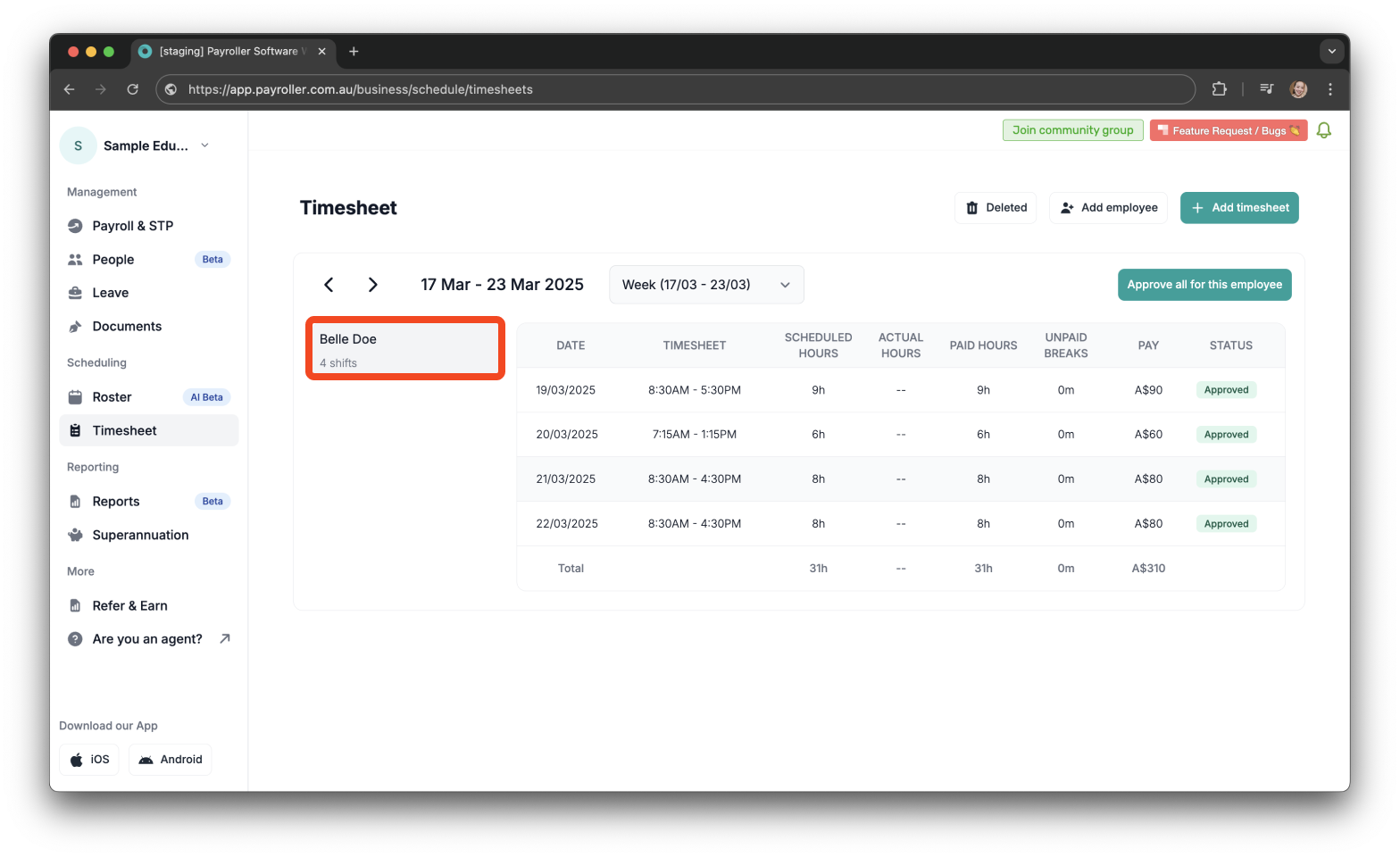 Timesheets and rostering - How to edit a timesheet - 2