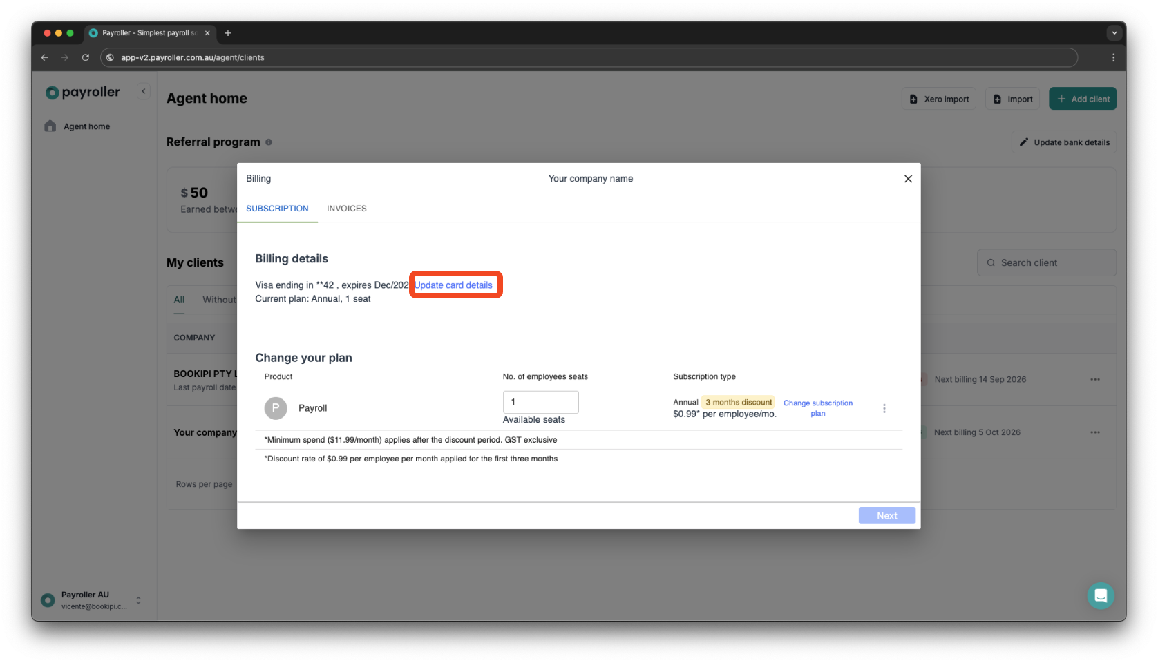 Payroller agent subscriptions - Updating the card details for client subscriptions for agents - 12