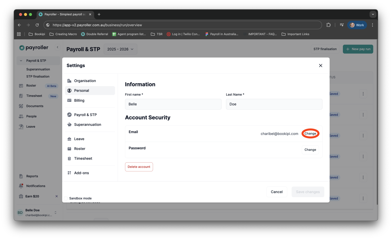 Payroller settings - Change email address - 9