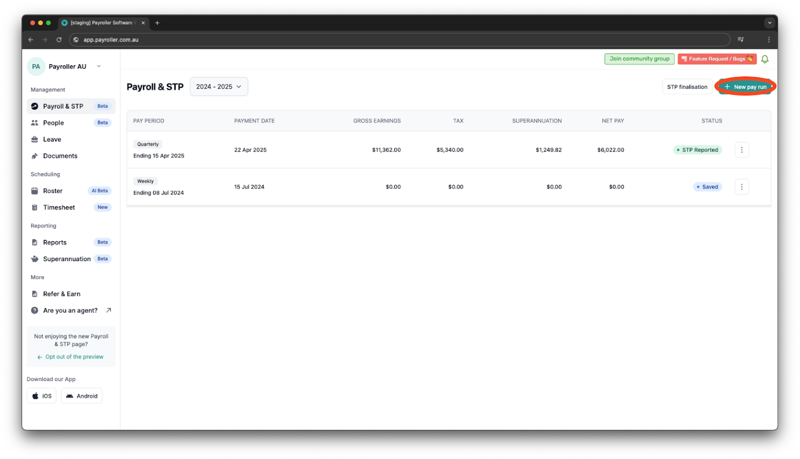 Creating pay runs - Viewing and Adjusting Superannuation - 1