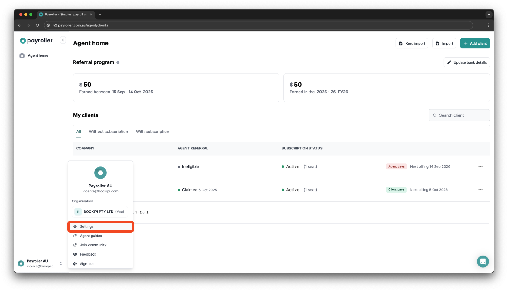 Payroller agent subscriptions - Updating the card details for client subscriptions for agents - 7