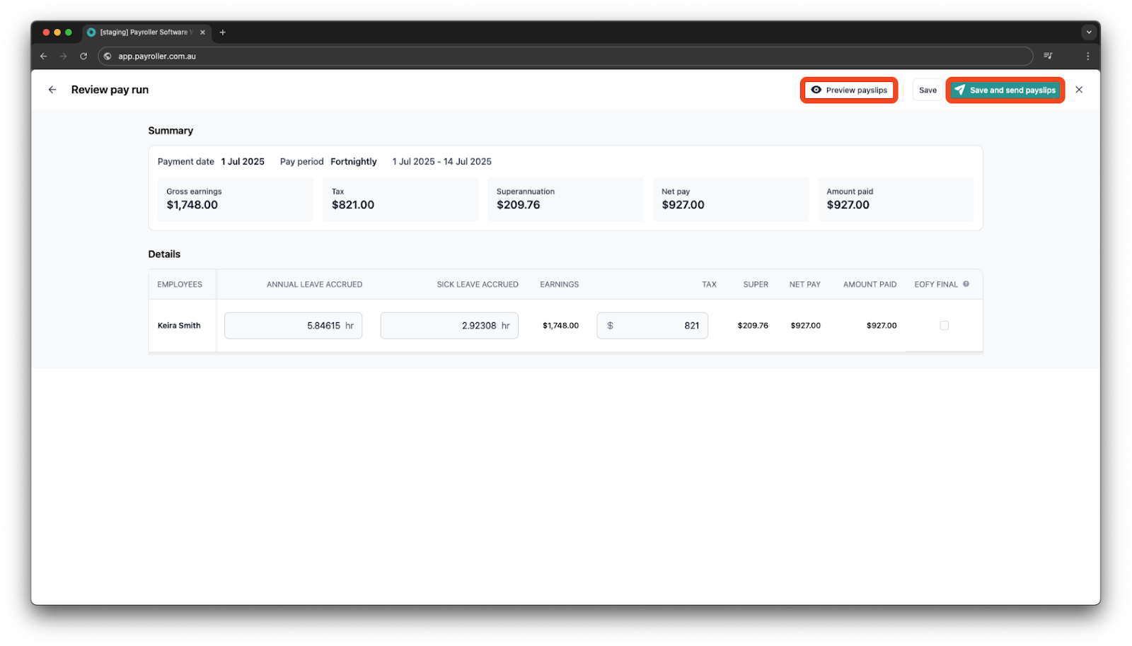 Creating pay runs - Send/view/print payslips - 1