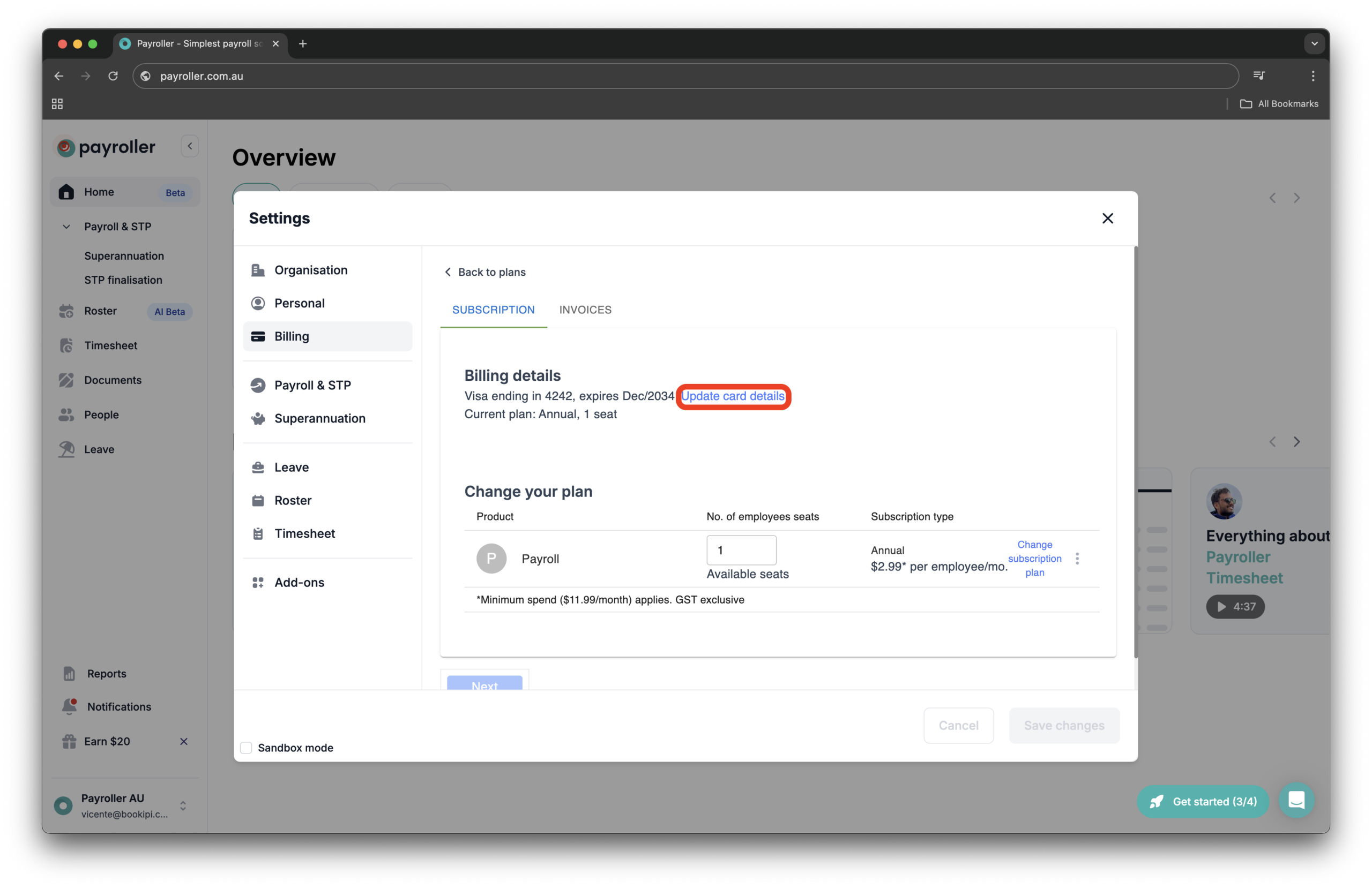 Payroller Employer Subscriptions - Updating your card details for your subscription - 5