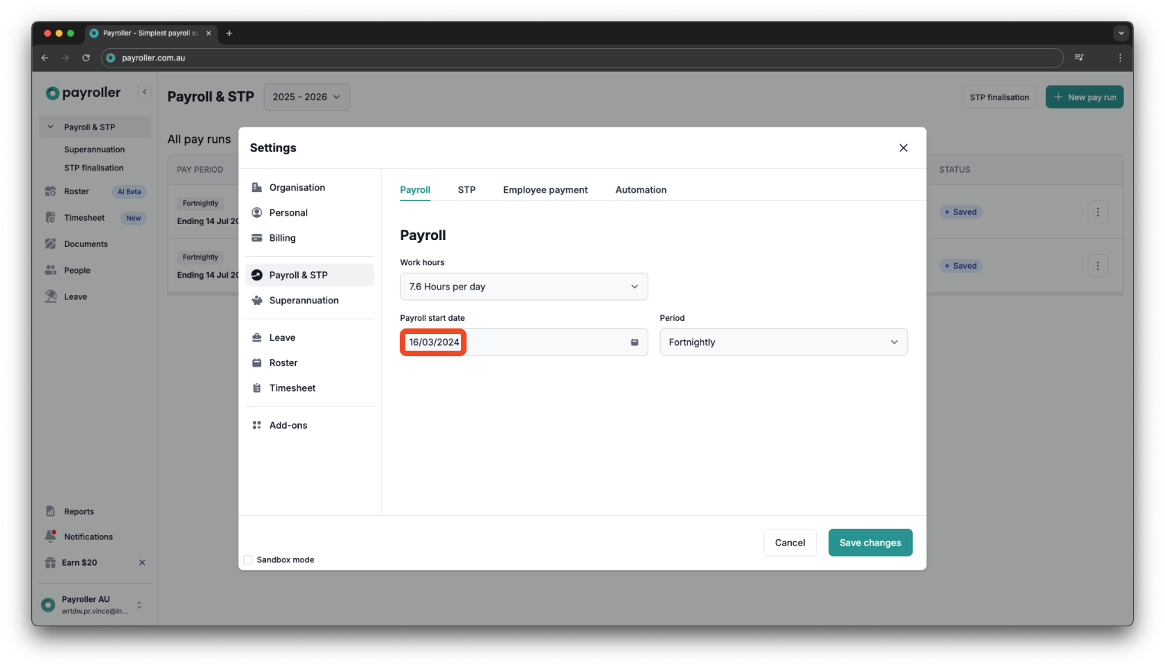 Creating pay runs - Pay period, pay period end date, and payment date - 7