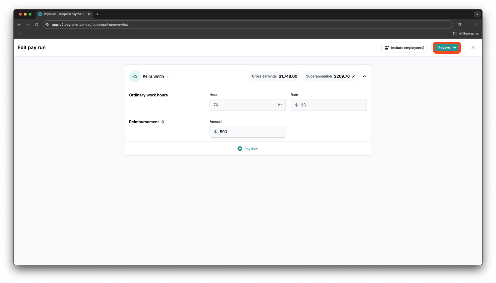 Creating pay runs - Adding a reimbursement - 6