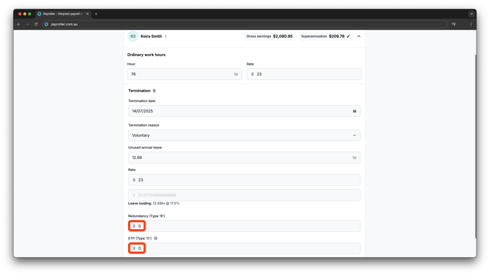 Payroller functions - Termination Payment - 8