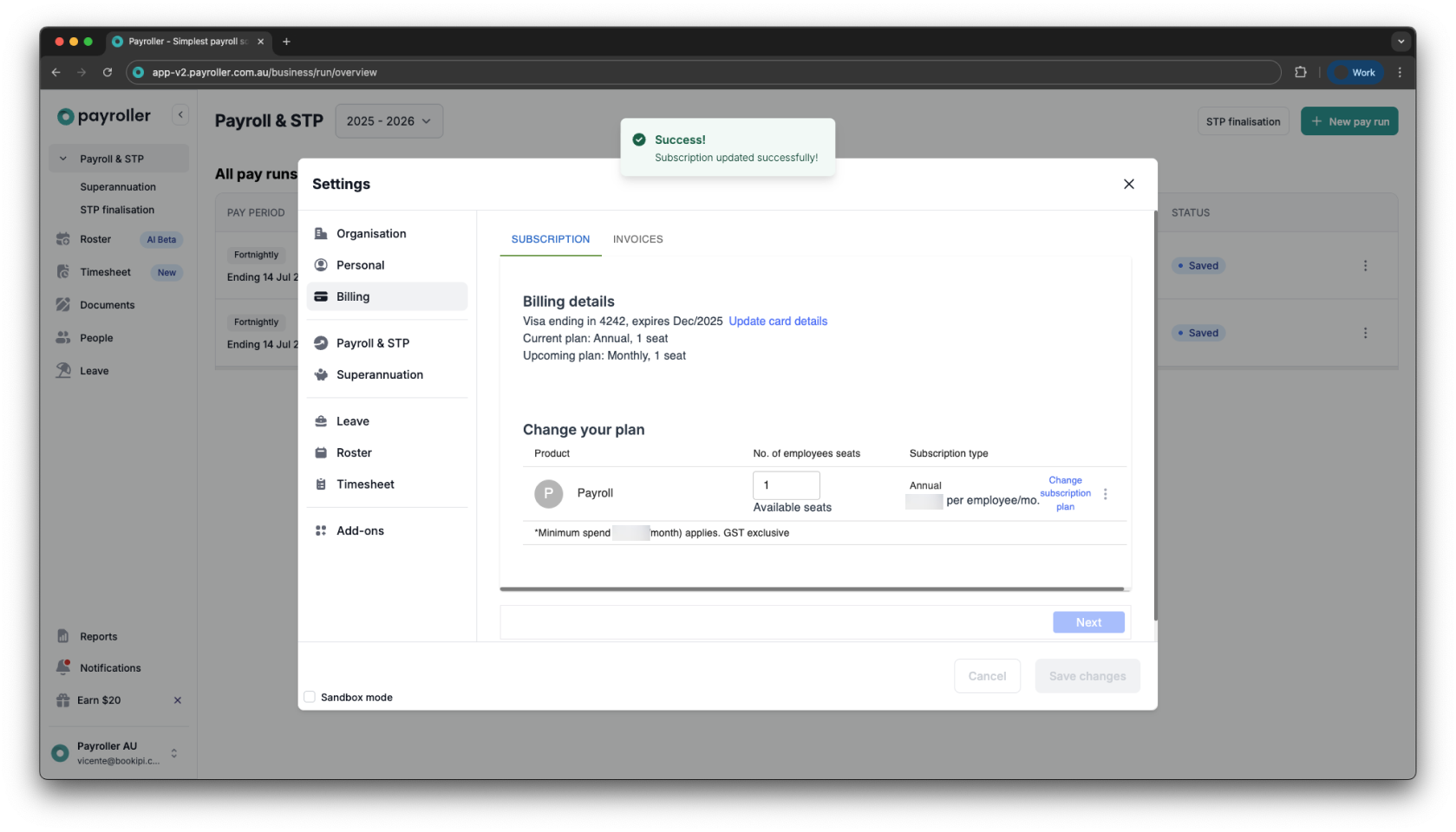 Payroller Employer Subscriptions - Editing the subscription type to a monthly or an annual subscription - 13