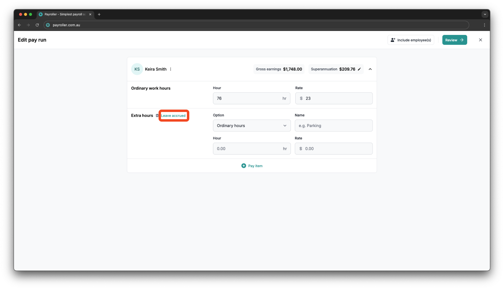 Creating pay runs - Adding extra hours - 6