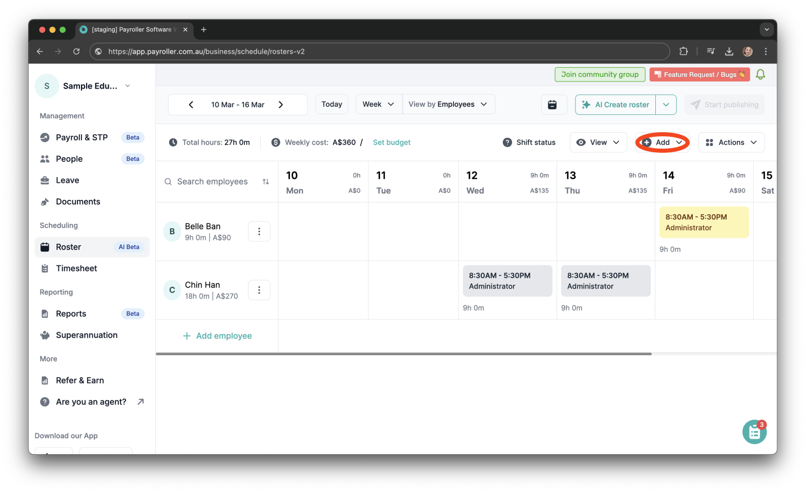 Timesheets and rostering - How to add a shift / How to set a roster - 2