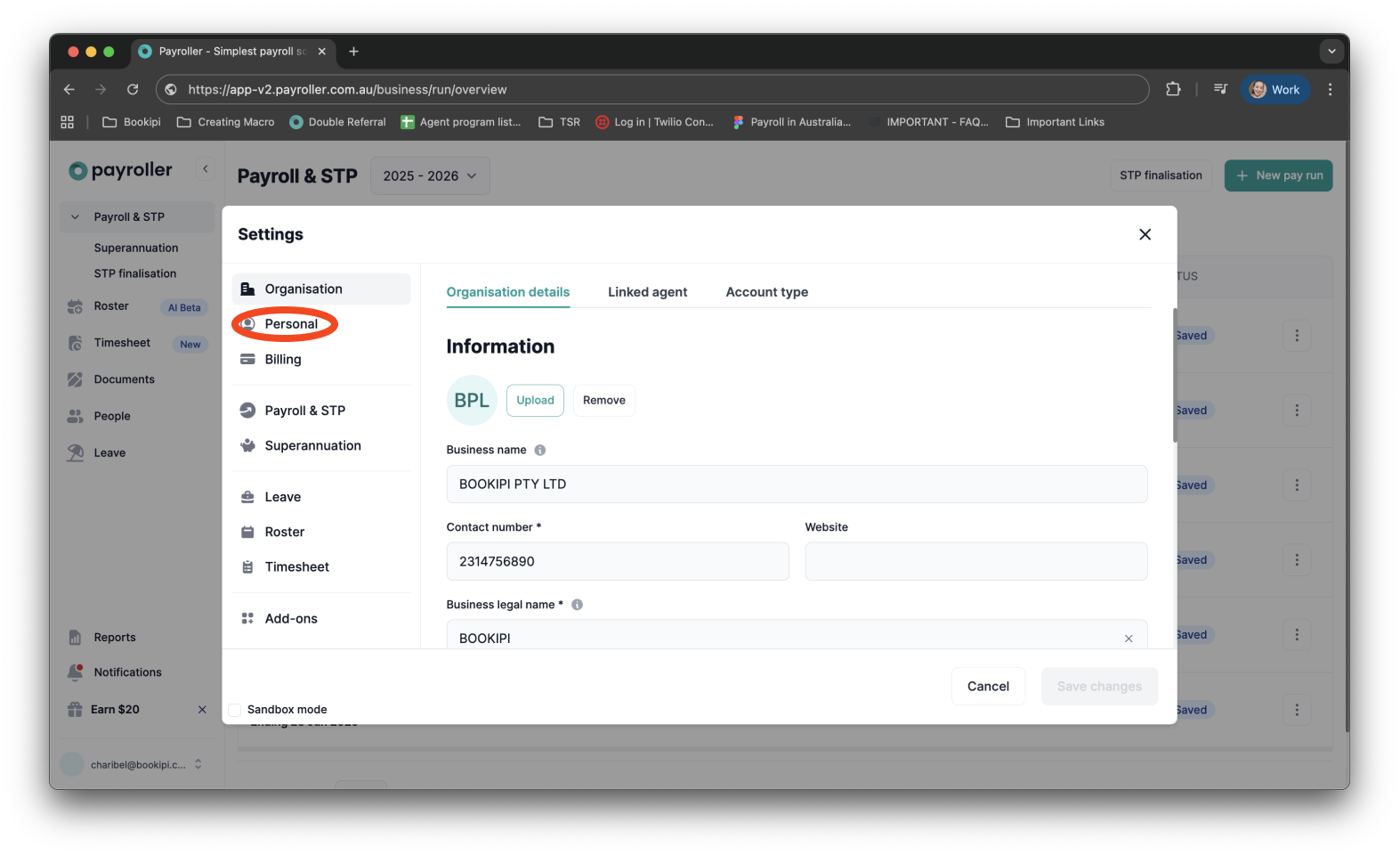 Payroller settings - Change email address - 8
