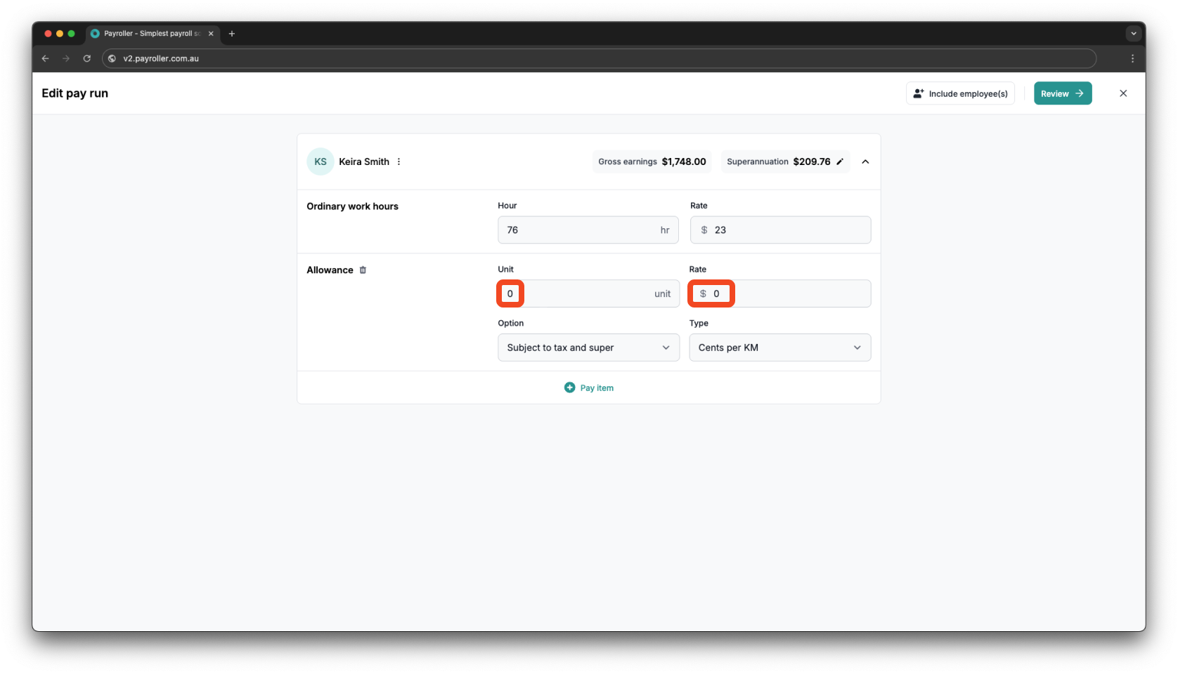 Creating pay runs - Adding an allowance - 5