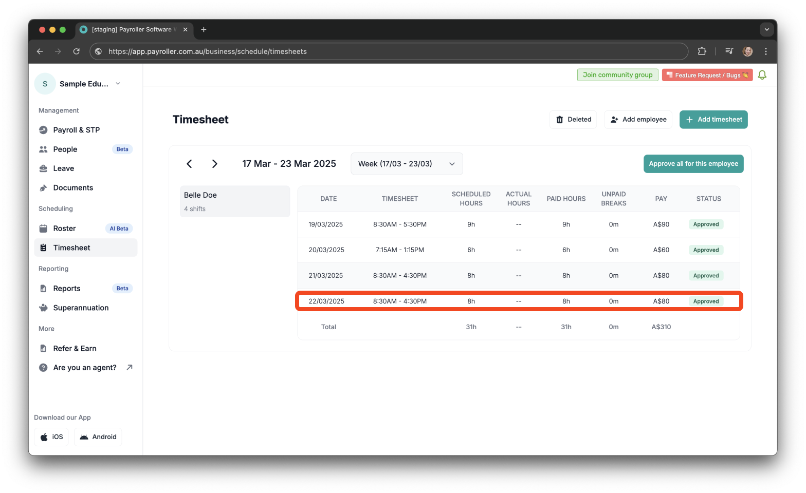 Timesheets and rostering - How to edit a timesheet - 3