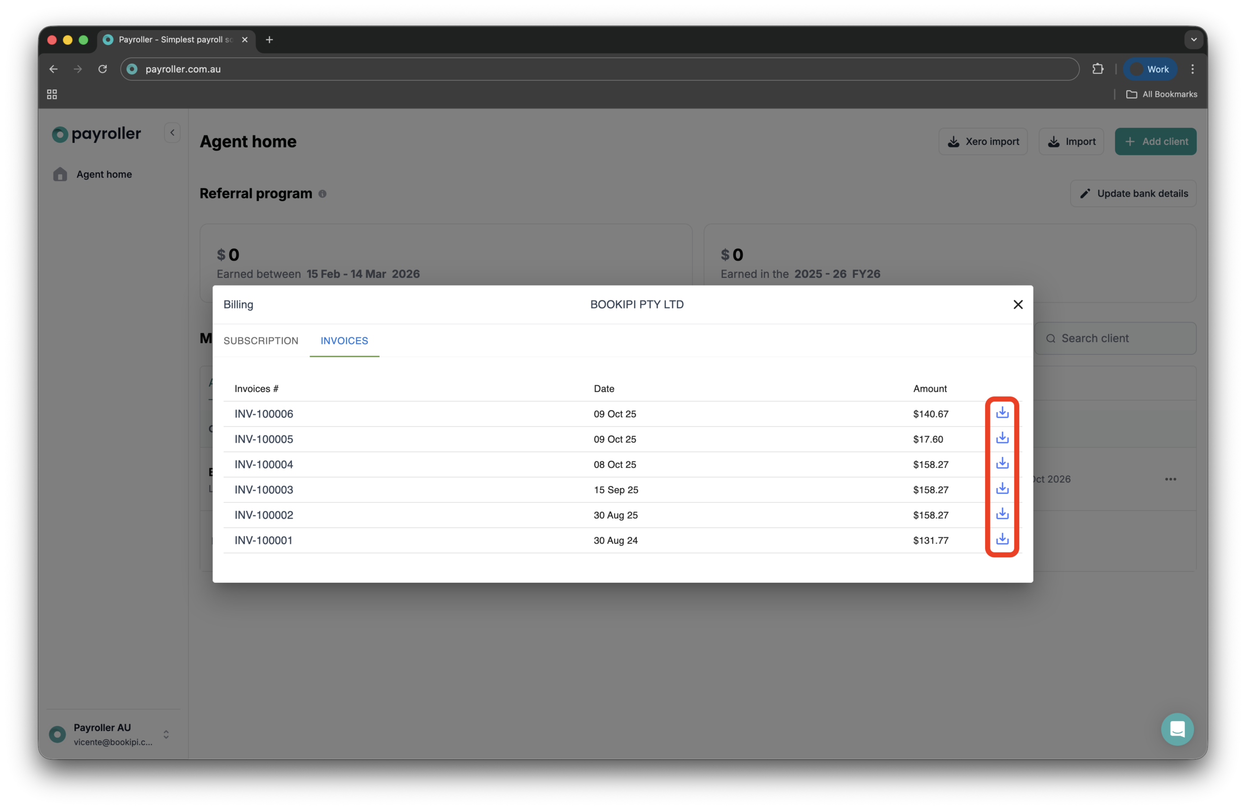 Payroller agent subscriptions - Downloading an invoice of a subscription payment for a client as an agent - 4