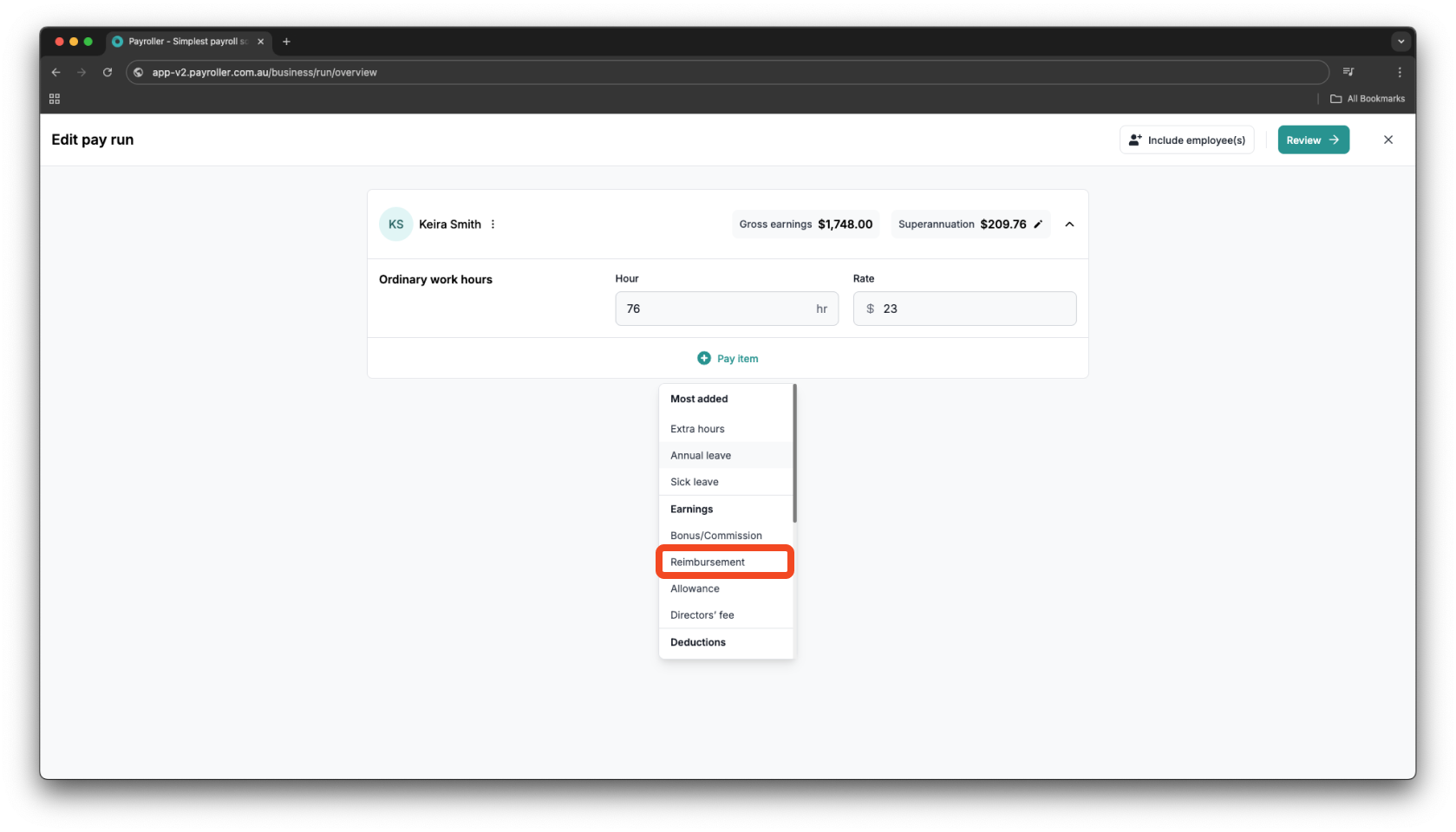 Creating pay runs - Adding a reimbursement - 4