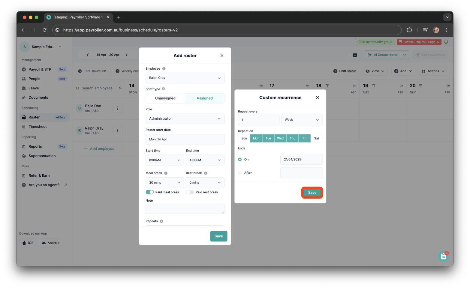 Timesheets and rostering - How to make a custom recurring shift - 15