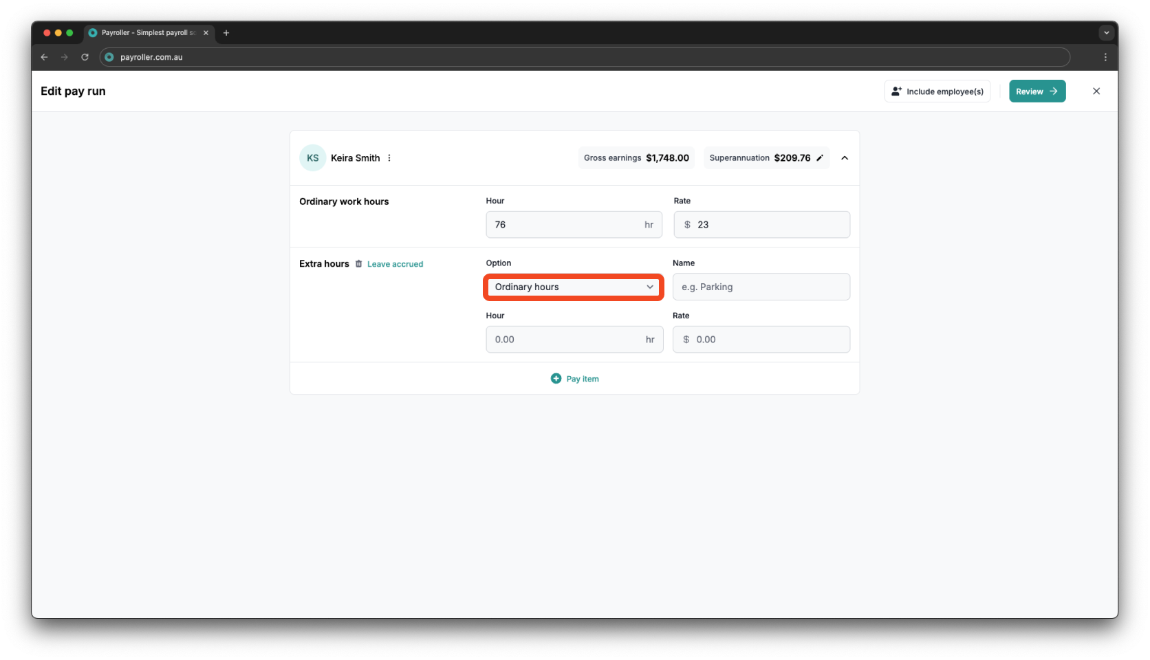 Creating pay runs - Adding extra hours - 7