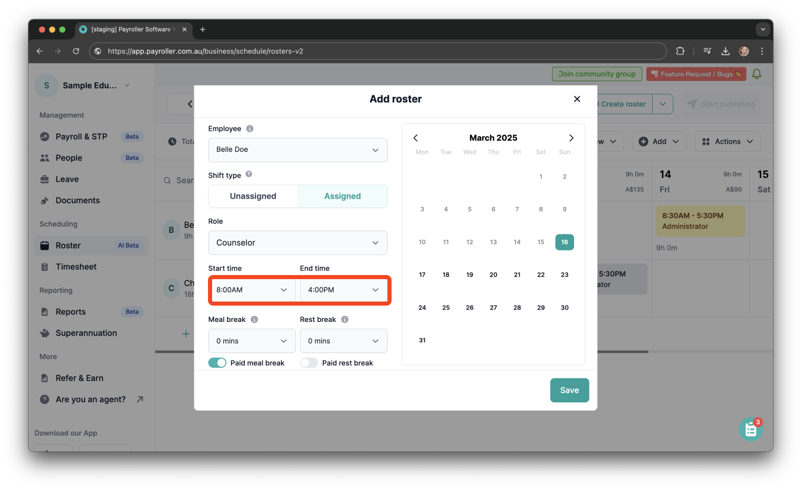 Timesheets and rostering - How to add a shift / How to set a roster - 6