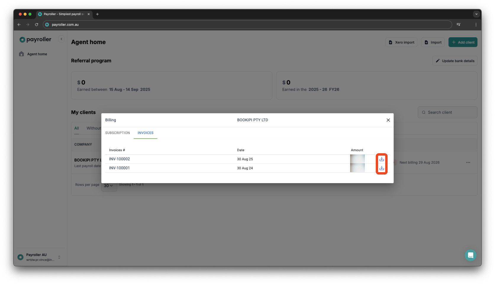 Payroller agent subscriptions - Downloading an invoice of a subscription payment for a client as an agent - 4