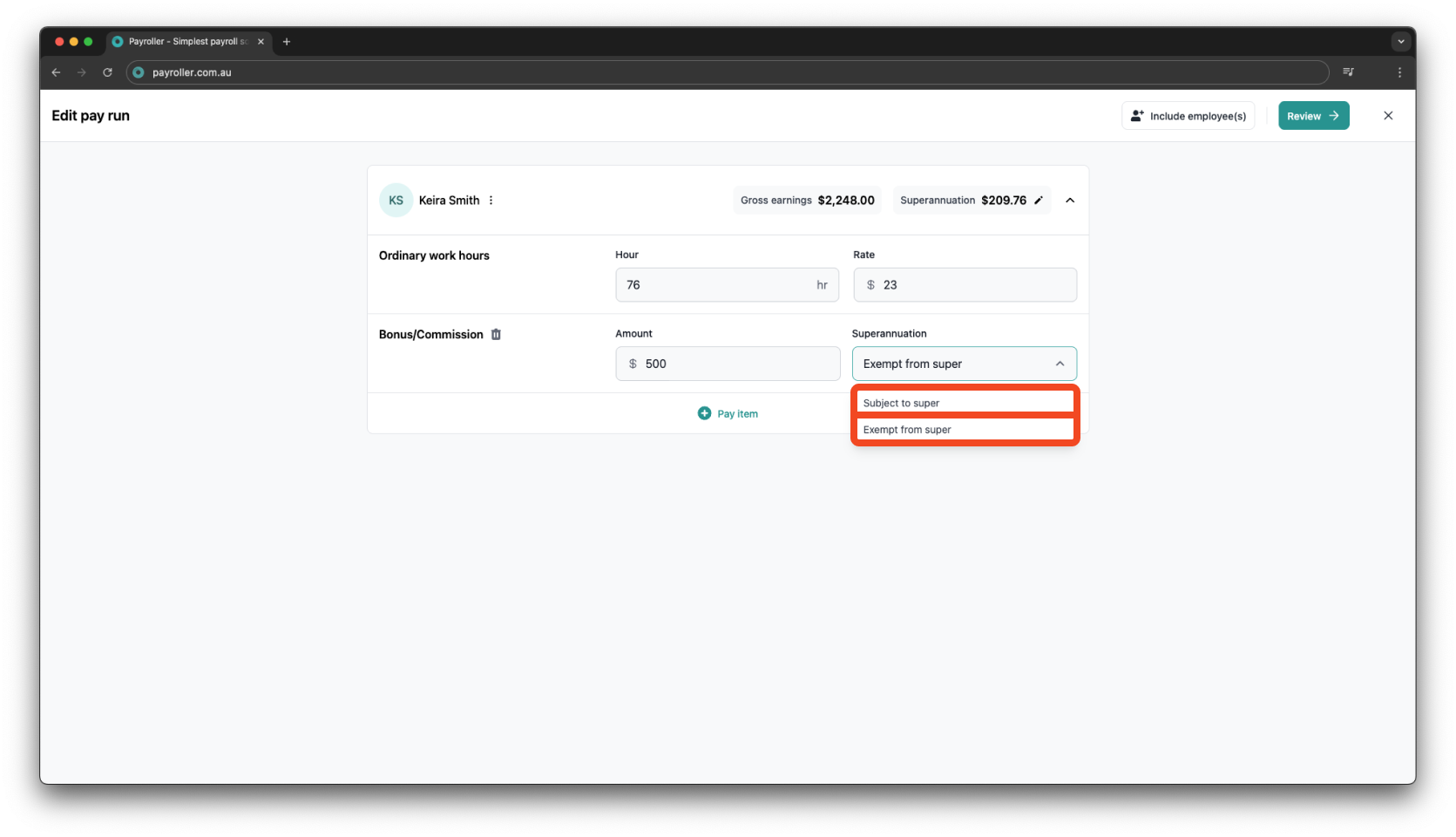 Creating pay runs - Adding a bonus/commission - 6