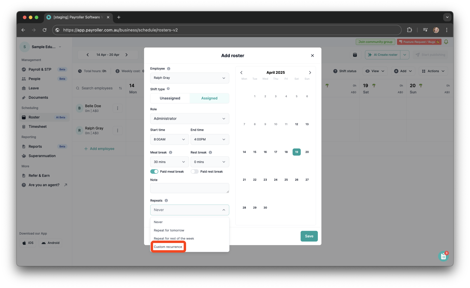 Timesheets and rostering - How to make a custom recurring shift - 9
