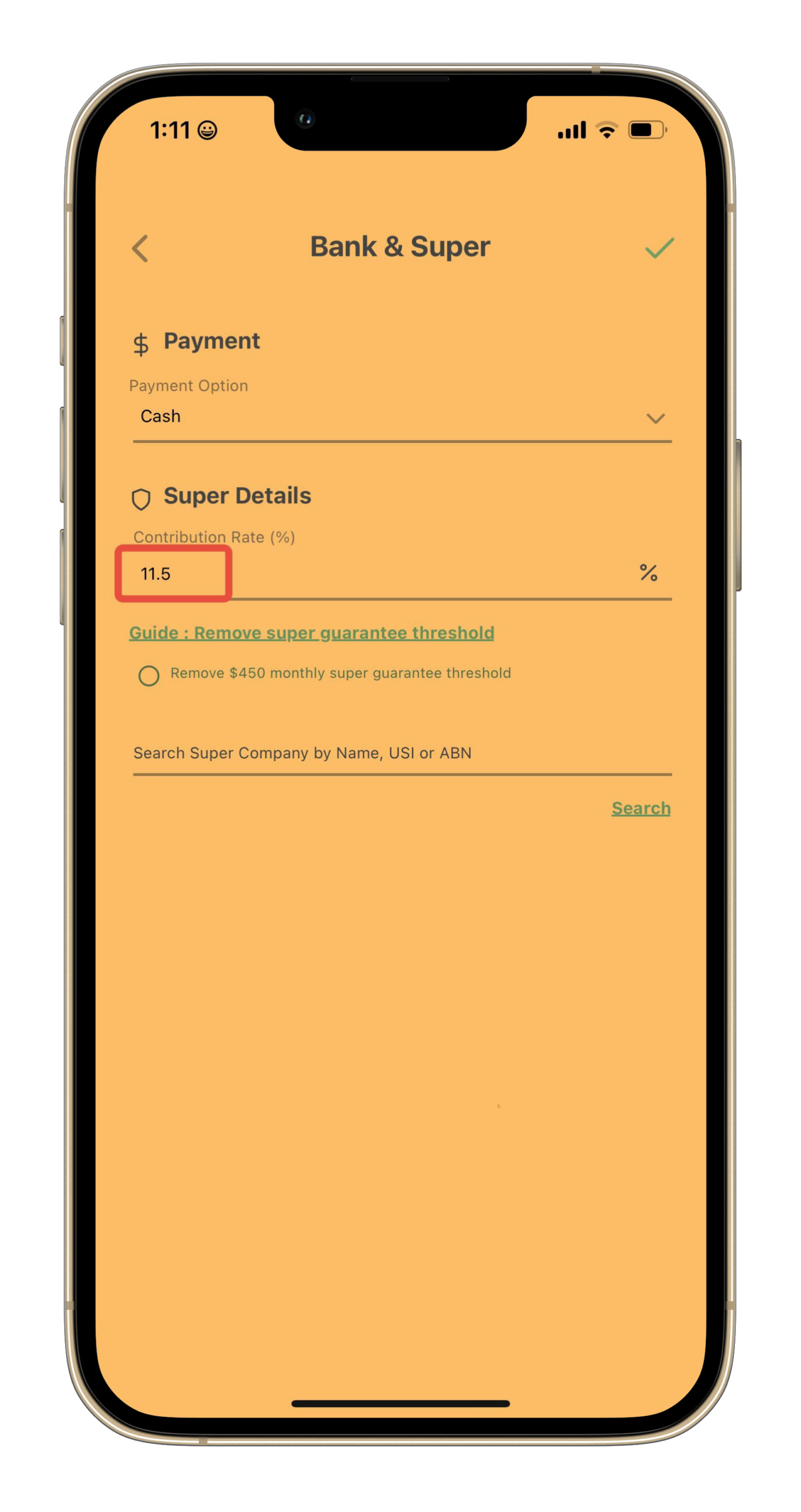 Payroller Mobile App - How to edit the Super contribution rate on the employee card using the Payroller Mobile App - 5