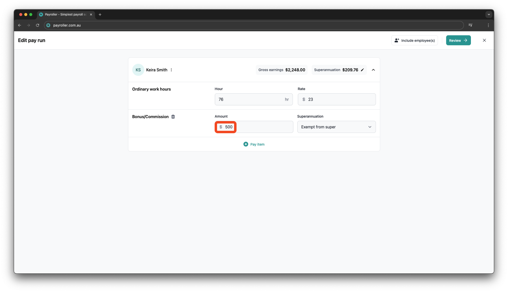 Creating pay runs - Adding a bonus/commission - 5