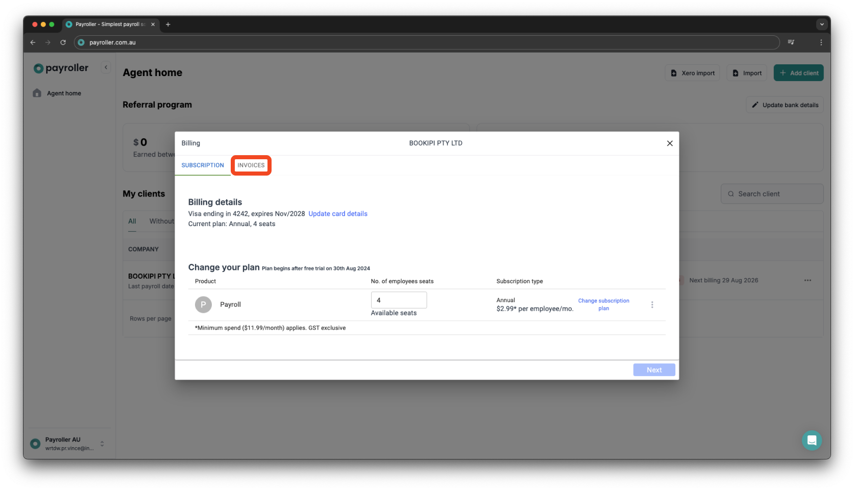 Payroller agent subscriptions - Downloading an invoice of a subscription payment for a client as an agent - 3