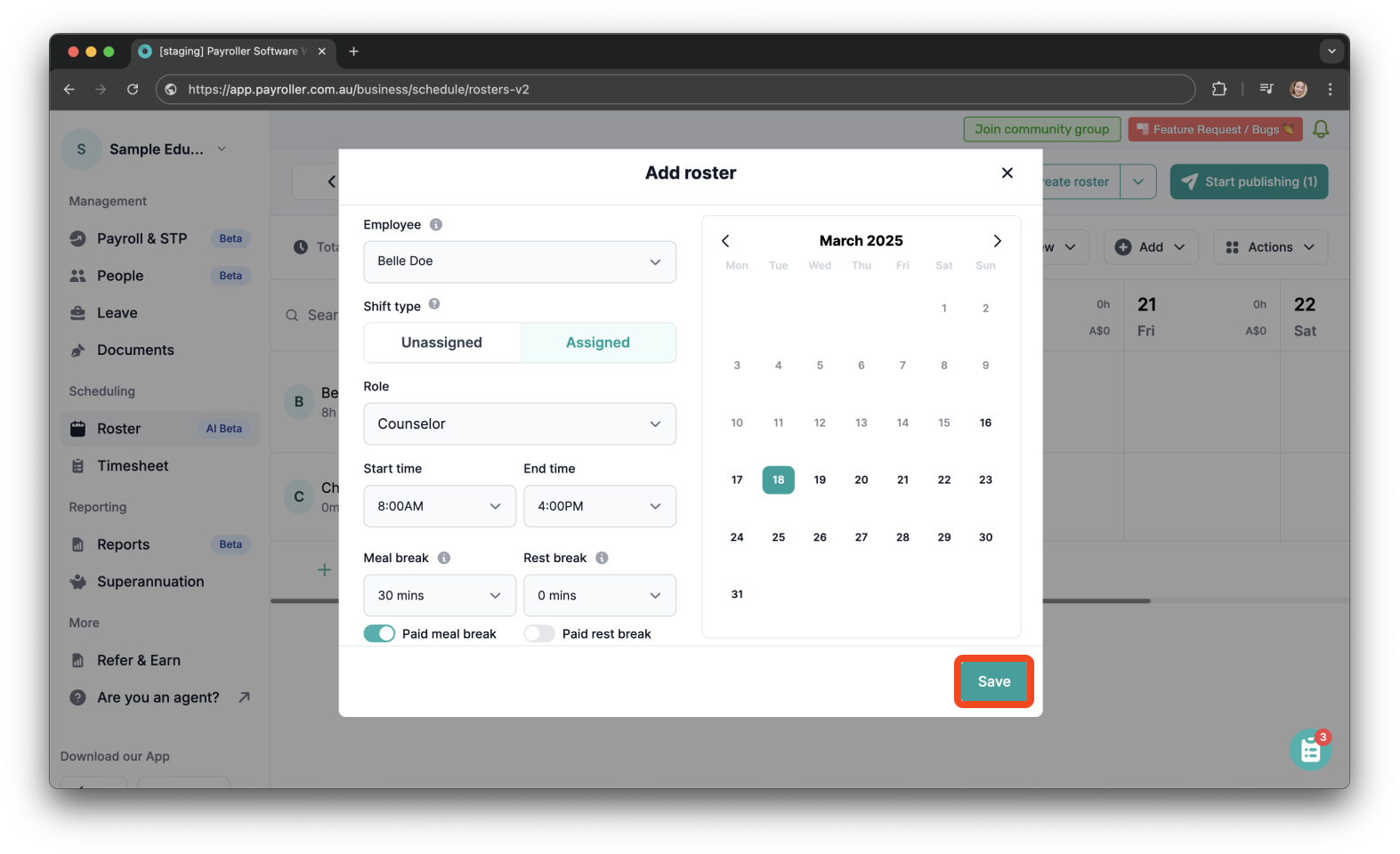Timesheets and rostering - How to add a shift / How to set a roster - 12