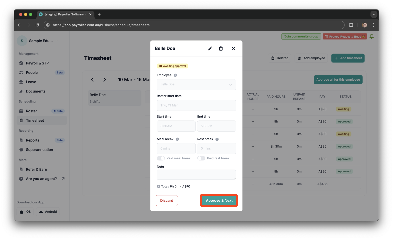 Timesheets and rostering - How to edit a timesheet - 6