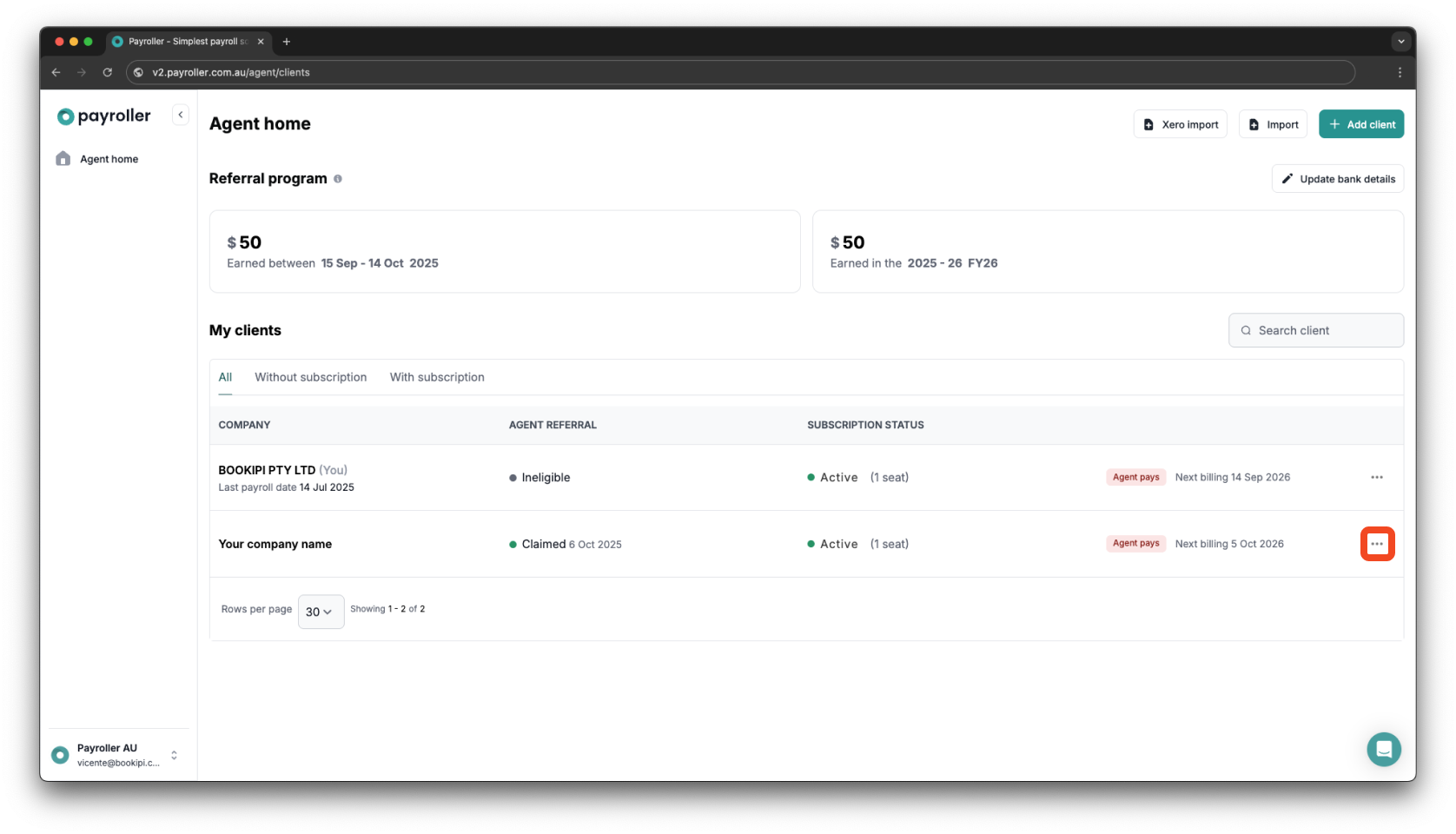 Payroller agent subscriptions - Updating the card details for client subscriptions for agents - 1