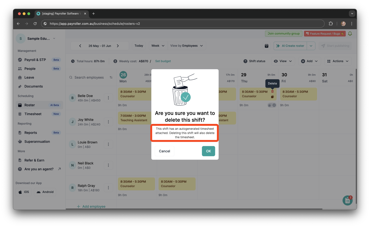 Timesheets and rostering - How to delete a shift in a roster - 4