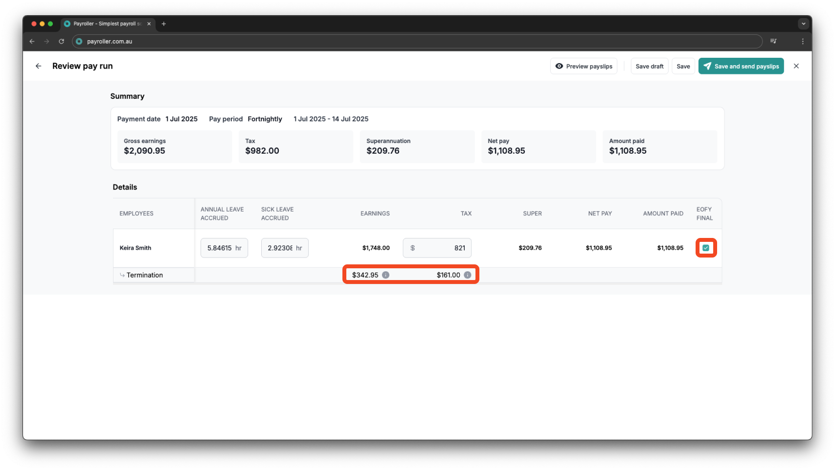 Payroller functions - Termination Payment - 12