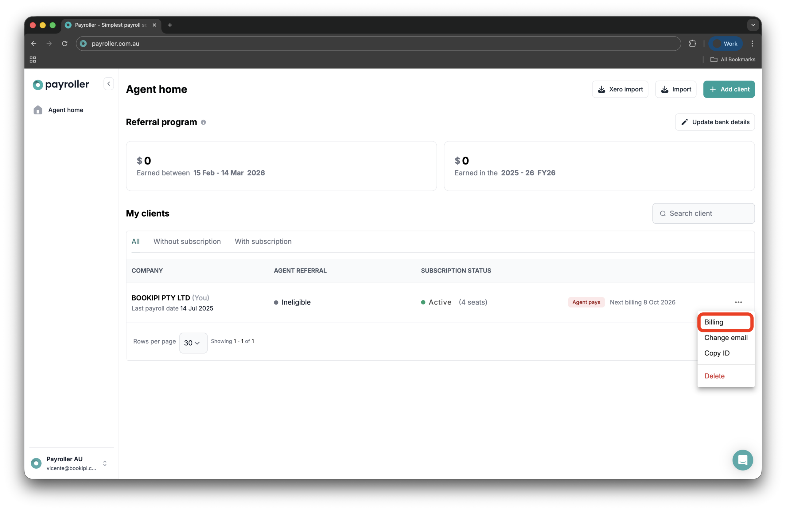 Payroller agent subscriptions - Downloading an invoice of a subscription payment for a client as an agent - 2